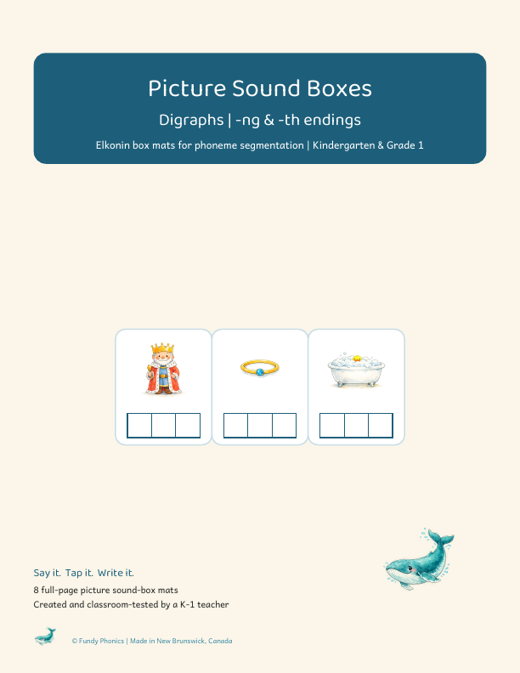 Cover of the -ng and -th endings picture sound boxes set showing ring, bath and song picture mats with sound boxes