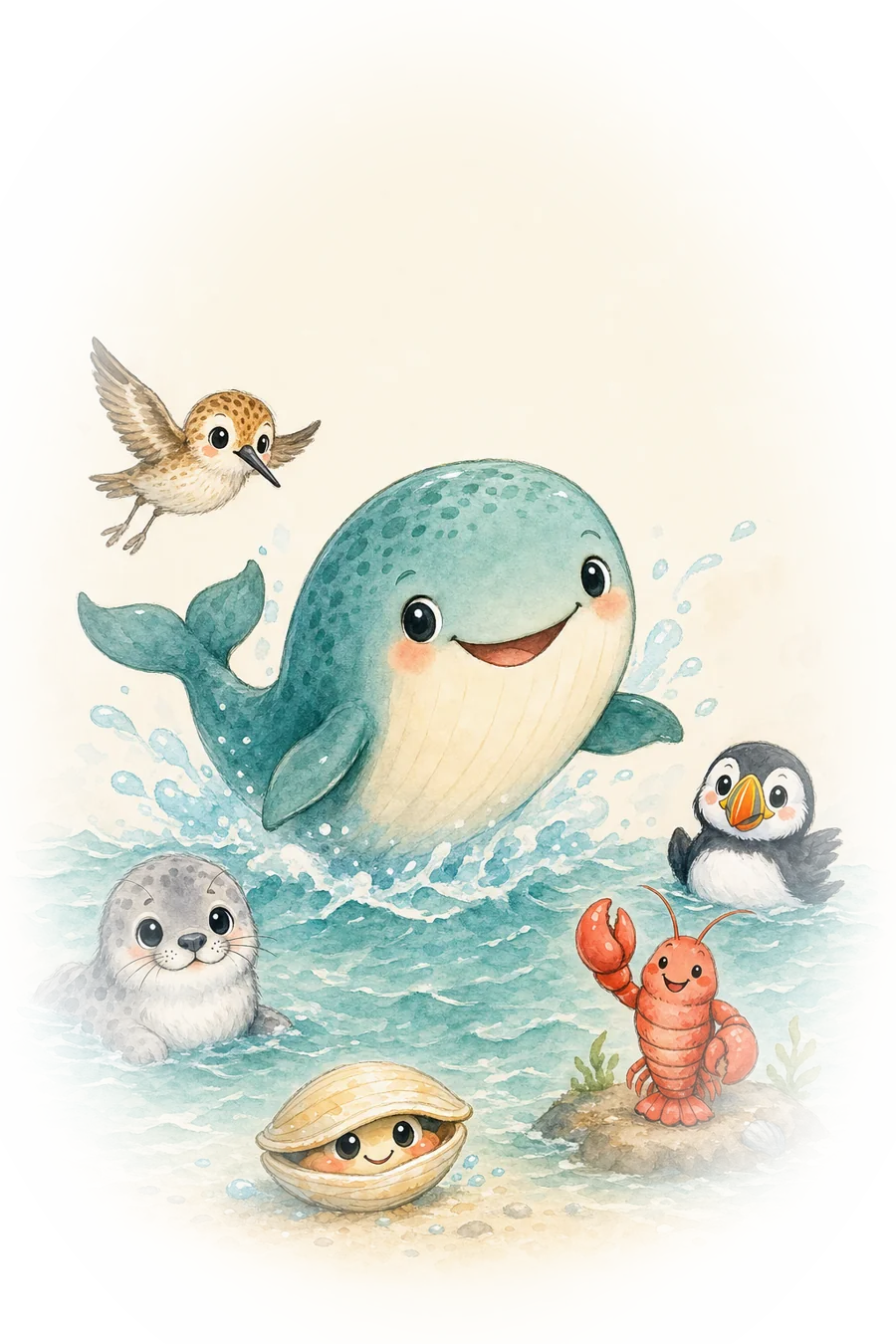 Finn the whale leaping from the waves with his five friends: Pip the sandpiper, Puff the puffin, Ted the seal, Lobby the lobster and Sam the clam